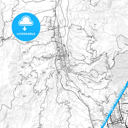 Cosenza, Italy light map with streetnames, citynames and districts