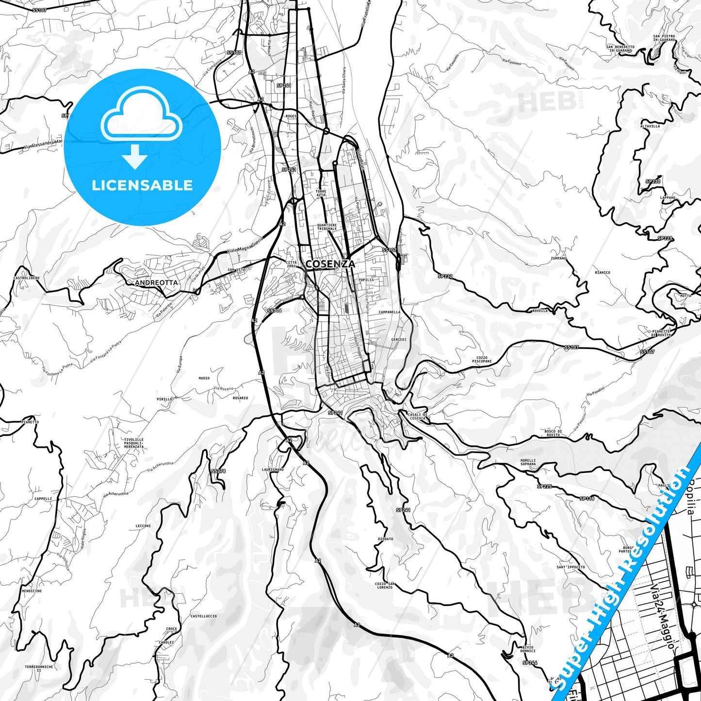 Cosenza, Italy Light Map with Street Names, City Names, and Districts