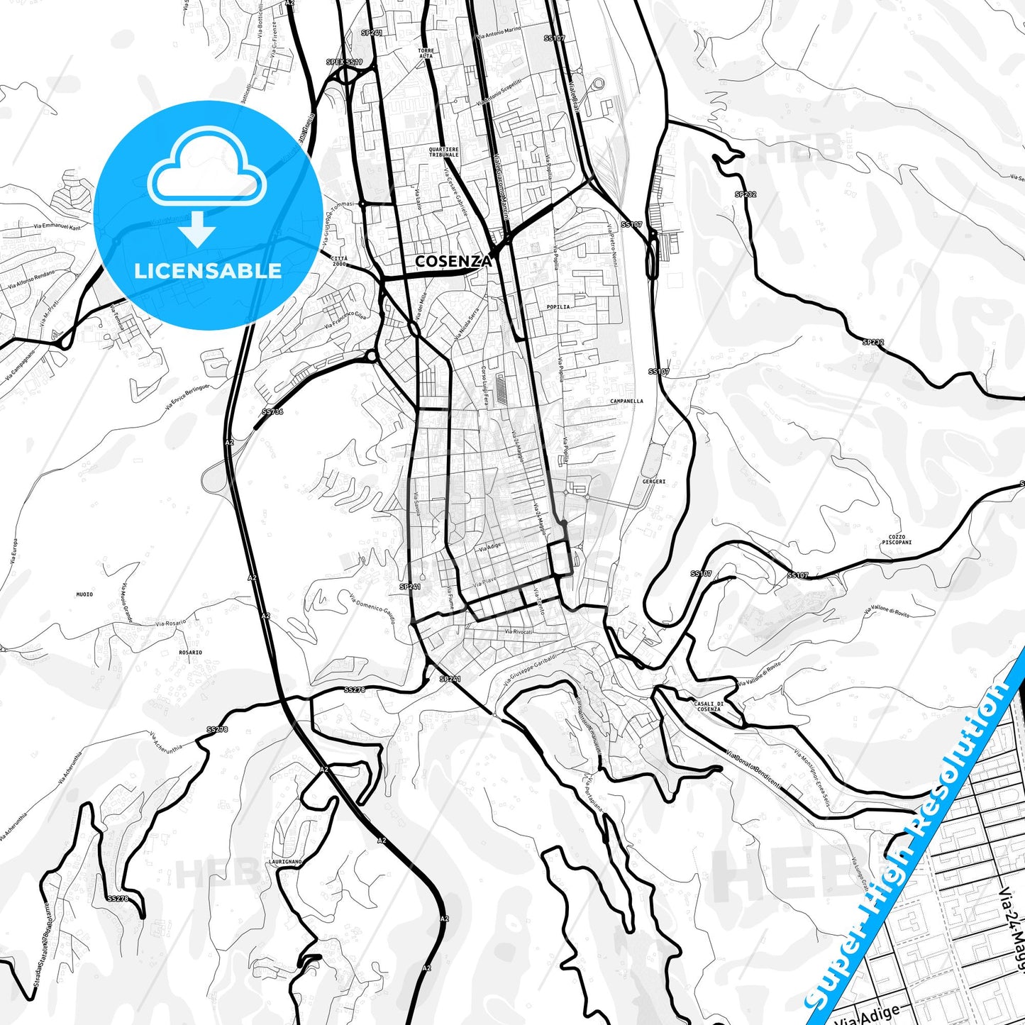 Cosenza, Italy Light Map with Street Names, City Names, and Districts