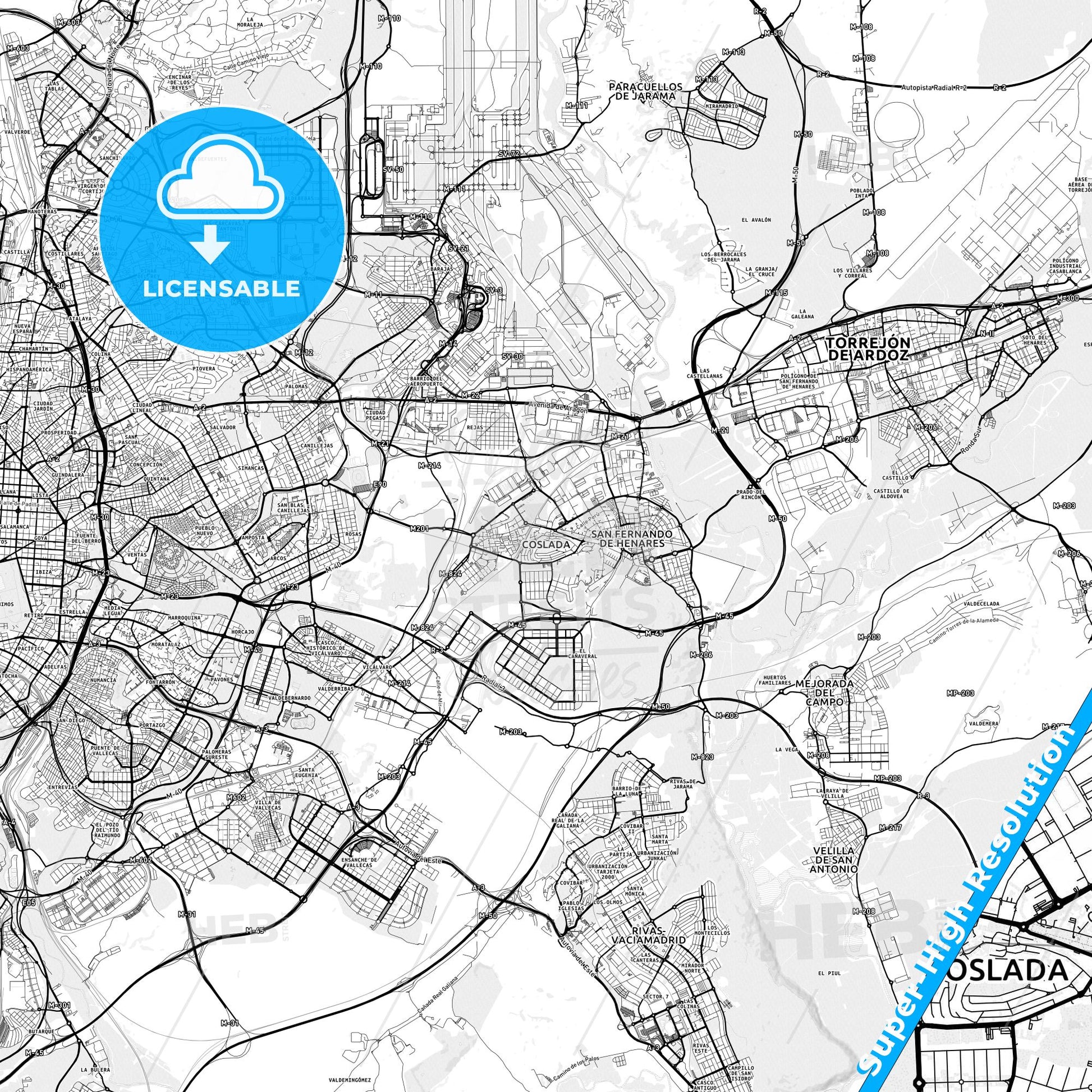 Coslada, Spain light map with streetnames, citynames and districts