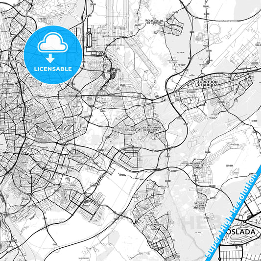 Coslada, Spain light map with streetnames, citynames and districts