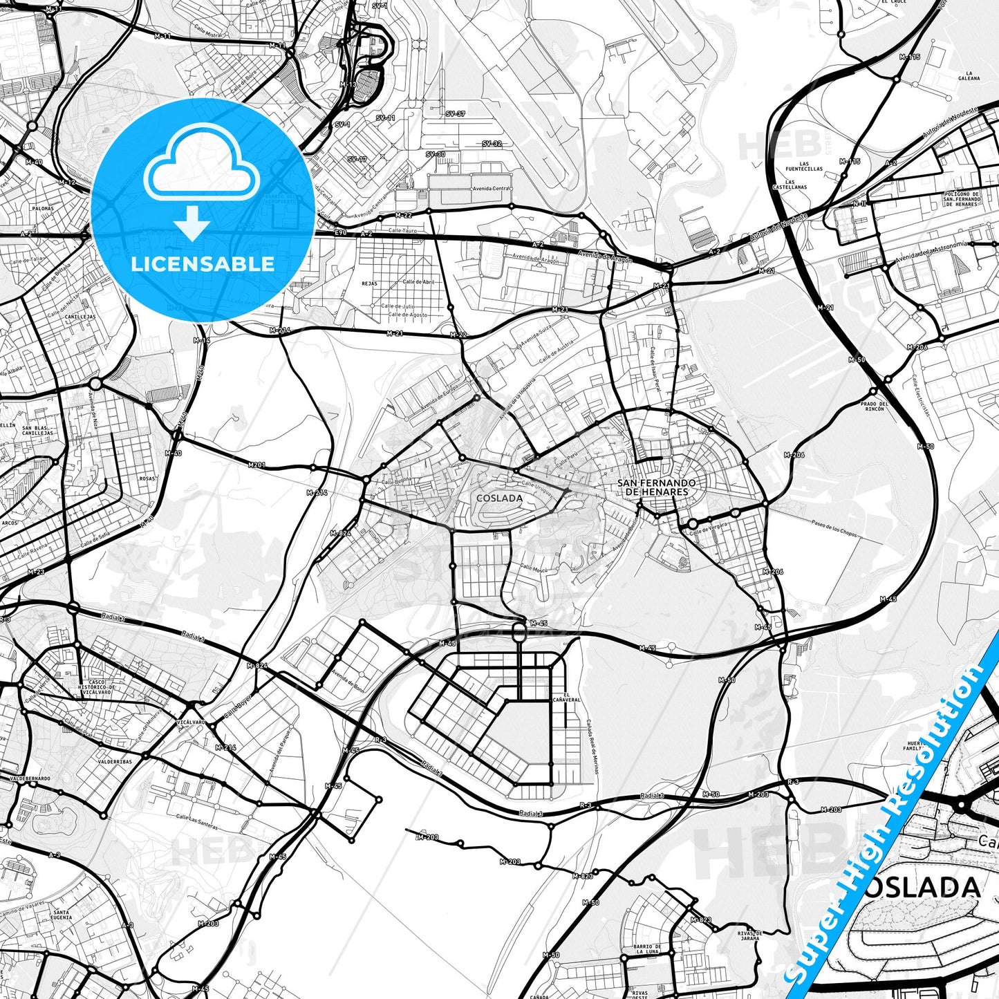 Coslada, Spain Light Map with Street Names, City Names, and Districts