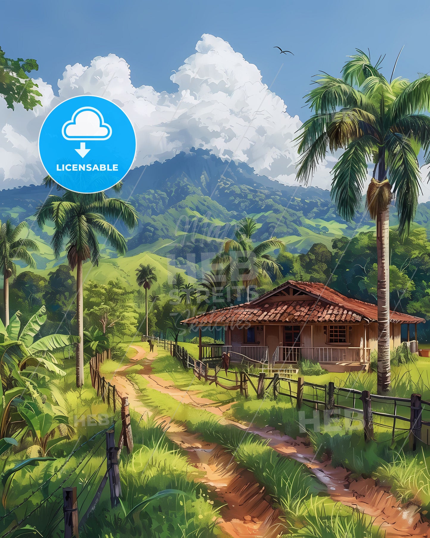 Colorful Tropical House Painting, Costa Rican Landscape, Vibrant Art