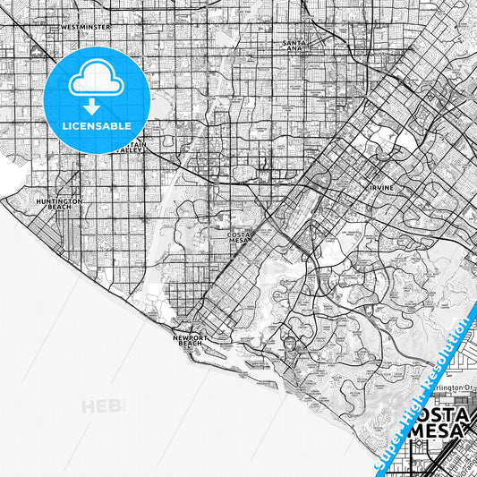 Costa Mesa, California light map with streetnames, citynames and districts