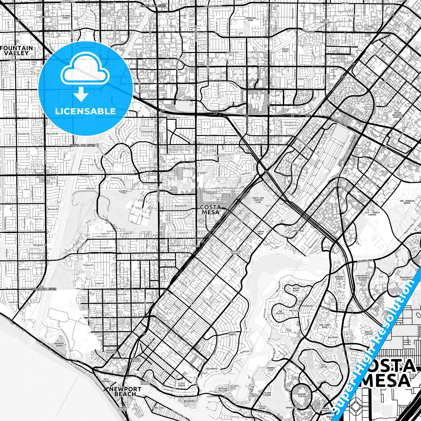 Costa Mesa, California Light Map with Street Names, City Names, and Districts