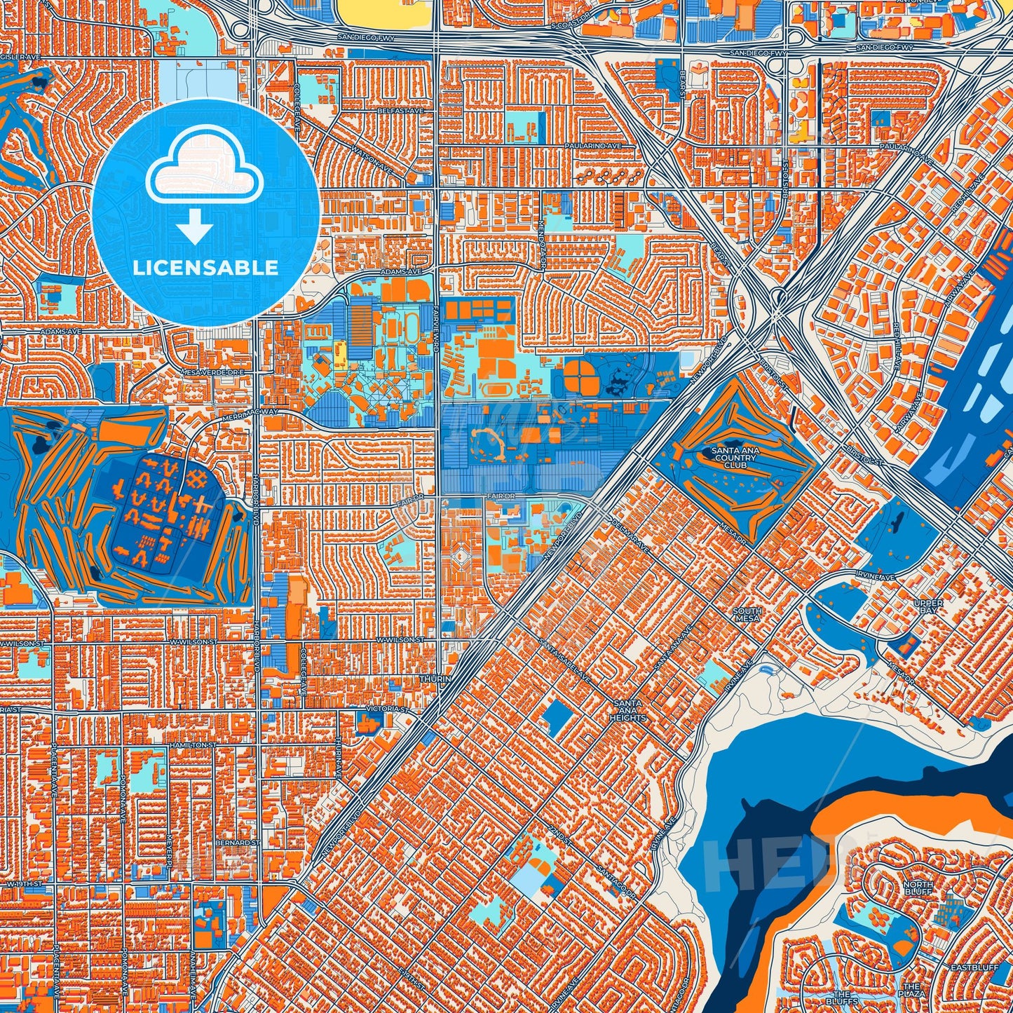Colorful Costa Mesa Street Map with Labels and Buildings