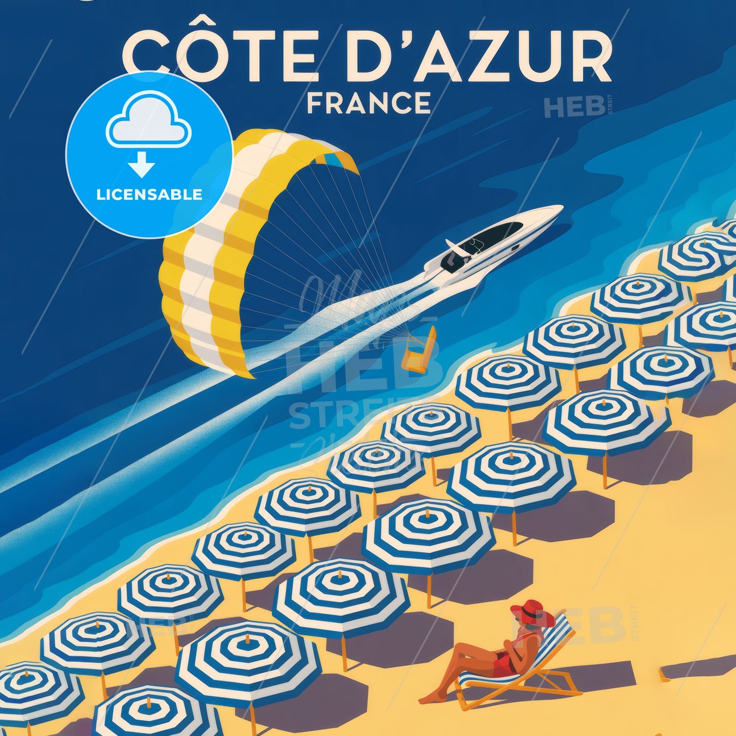 “Côte d'Azur, France: A Vibrant Beach Scene with Parasailing and Colorful Umbrellas”