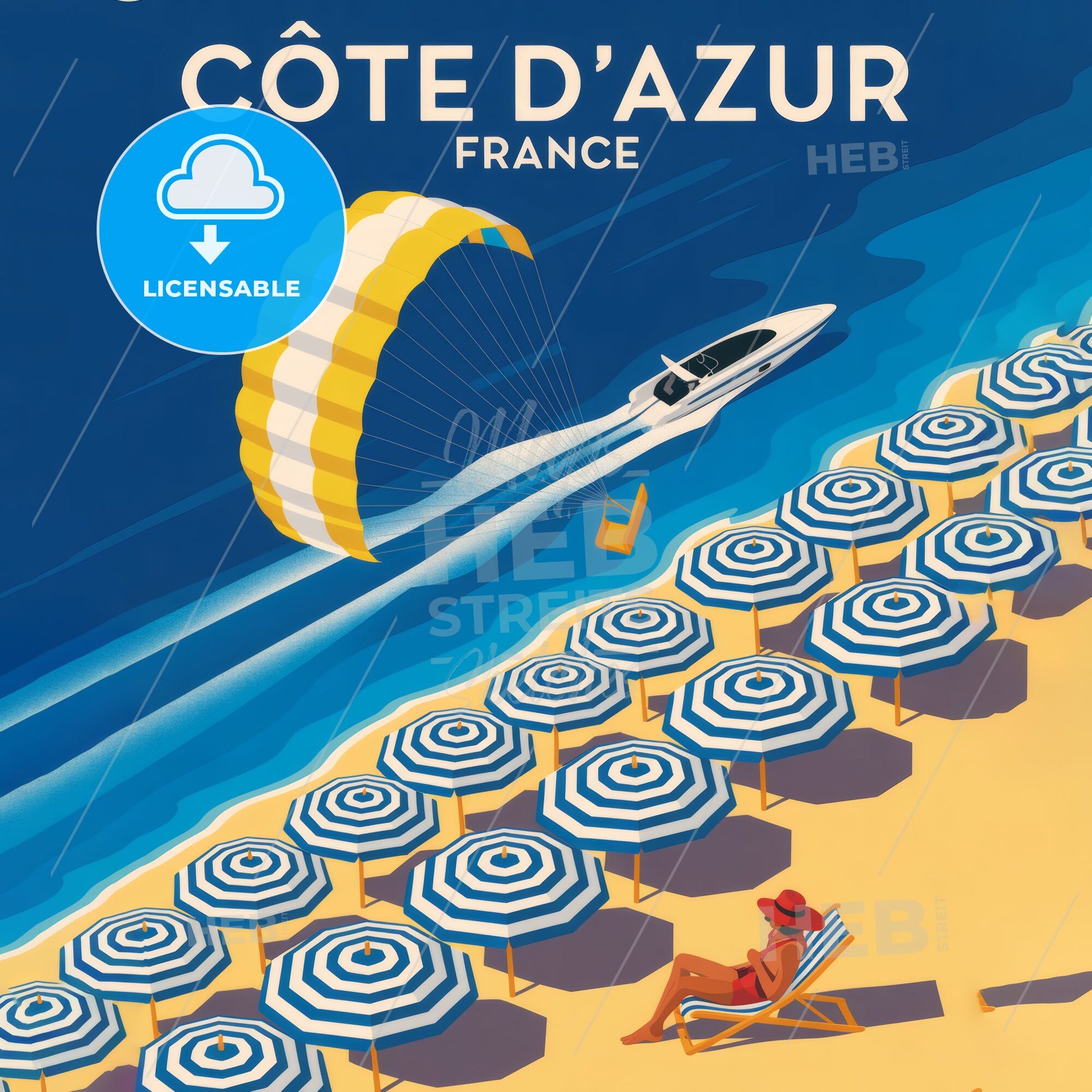 “Côte d'Azur, France: A Vibrant Beach Scene with Parasailing and Colorful Umbrellas”