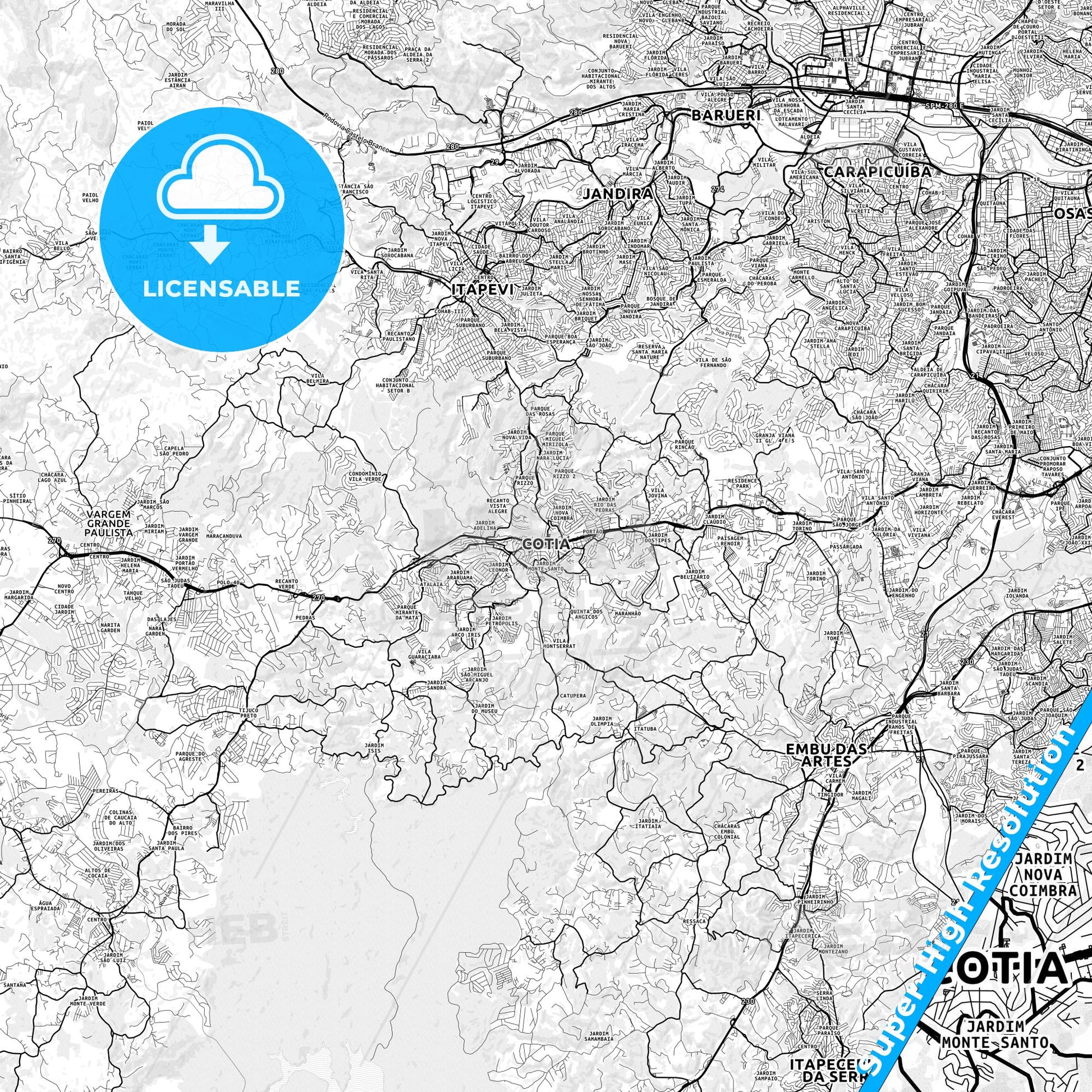 Cotia, Brazil light map with streetnames, citynames and districts