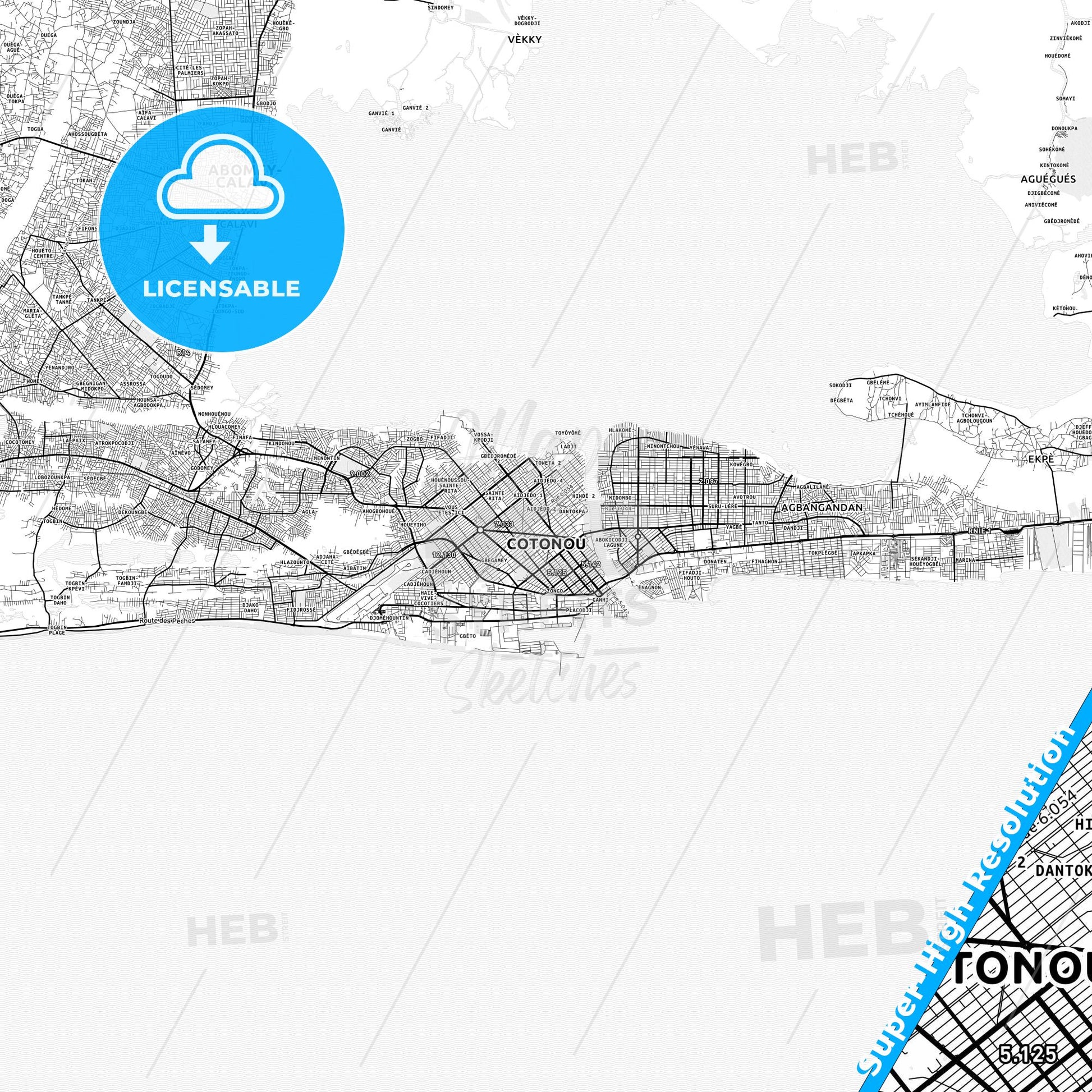 Cotonou, Benin light map with streetnames, citynames and districts
