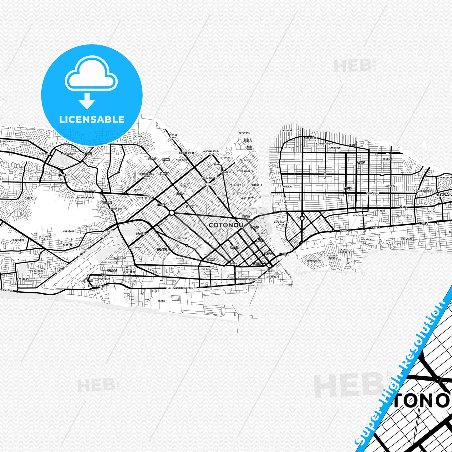 Cotonou, Benin Light Map with Street Names, City Names, and Districts