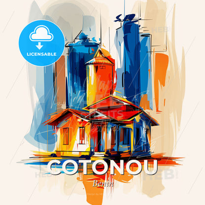 Vibrant Cotonou, Benin - A Painting Of A Building And A Tower - Square format print template