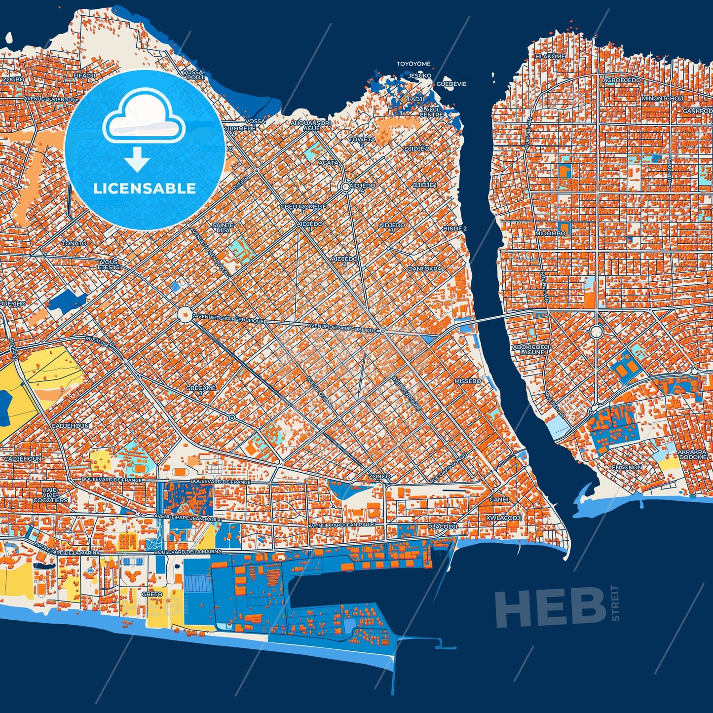 Colorful Cotonou Street Map with Labels and Buildings