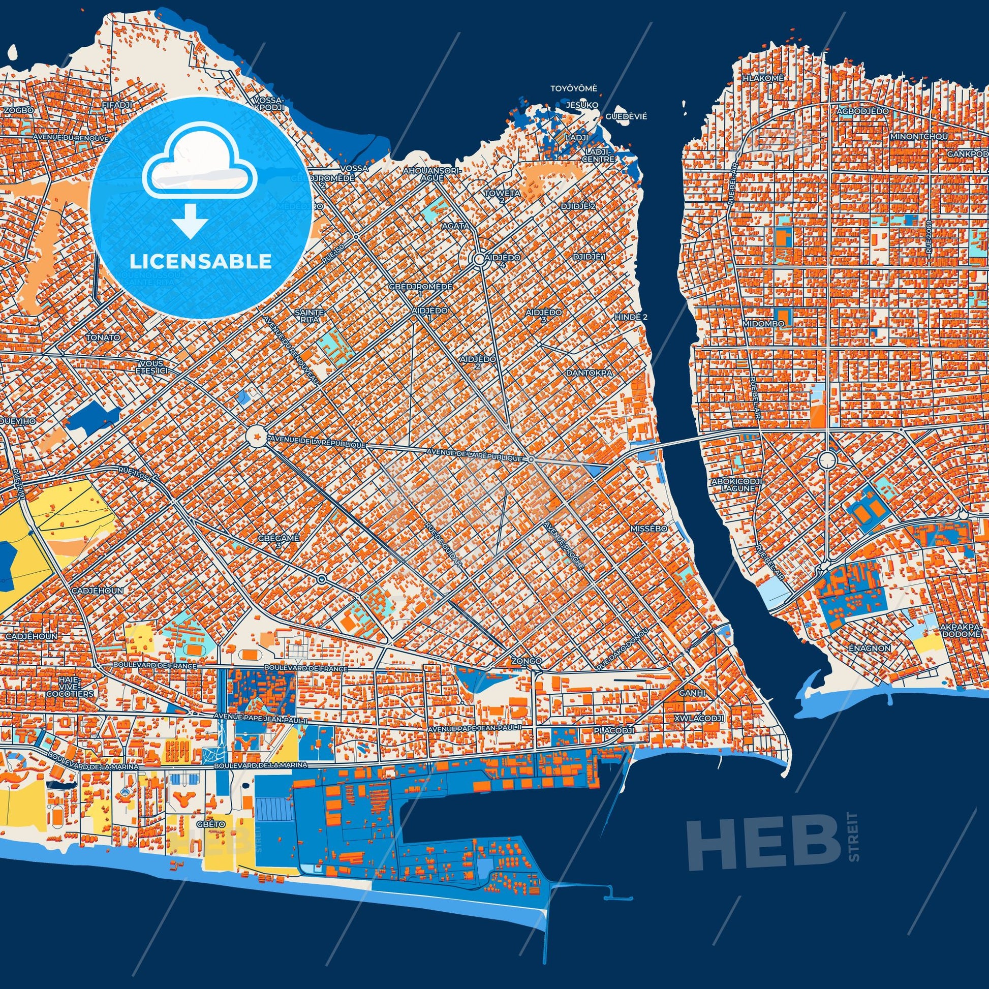 Colorful Cotonou Street Map with Labels and Buildings