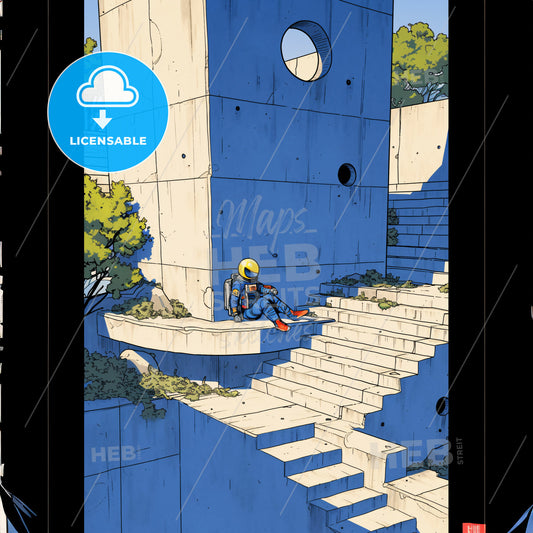 cottagecore futurism architecture in Birmingham England - A cartoon of a man sitting on a stone wall