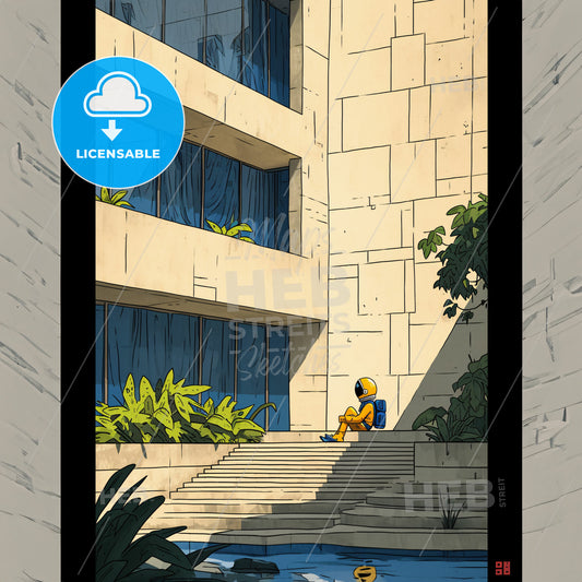 cottagecore futurism architecture in Birmingham England - A cartoon of a person sitting on stairs outside a building