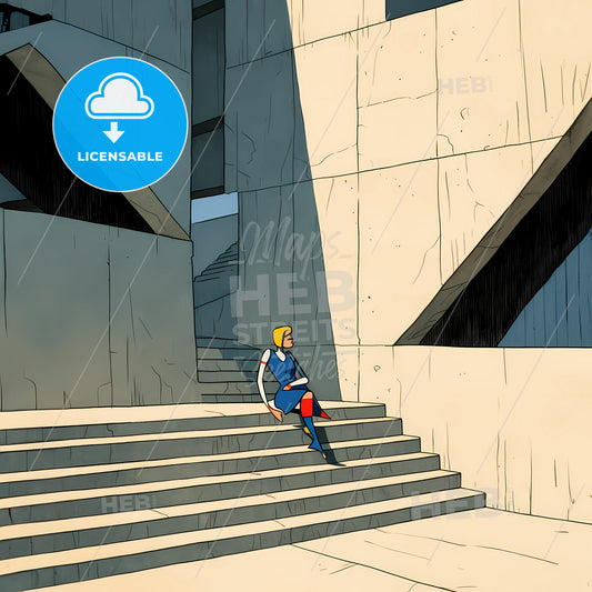 cottagecore futurism architecture in Birmingham England - A cartoon of a woman sitting on stairs