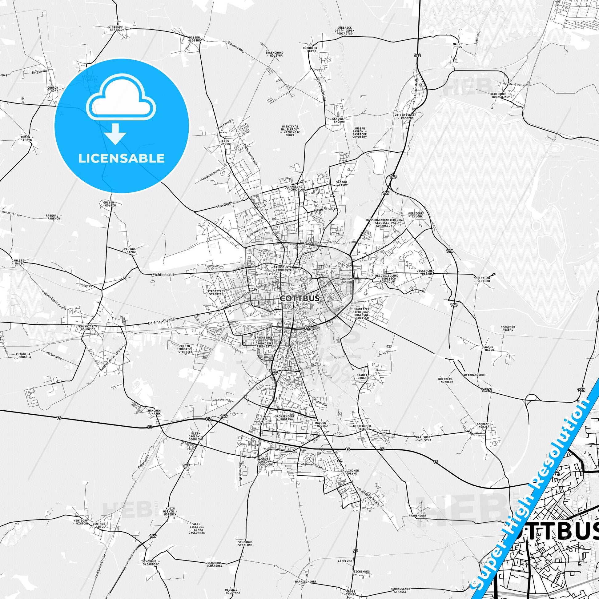 Cottbus, Germany light map with streetnames, citynames and districts