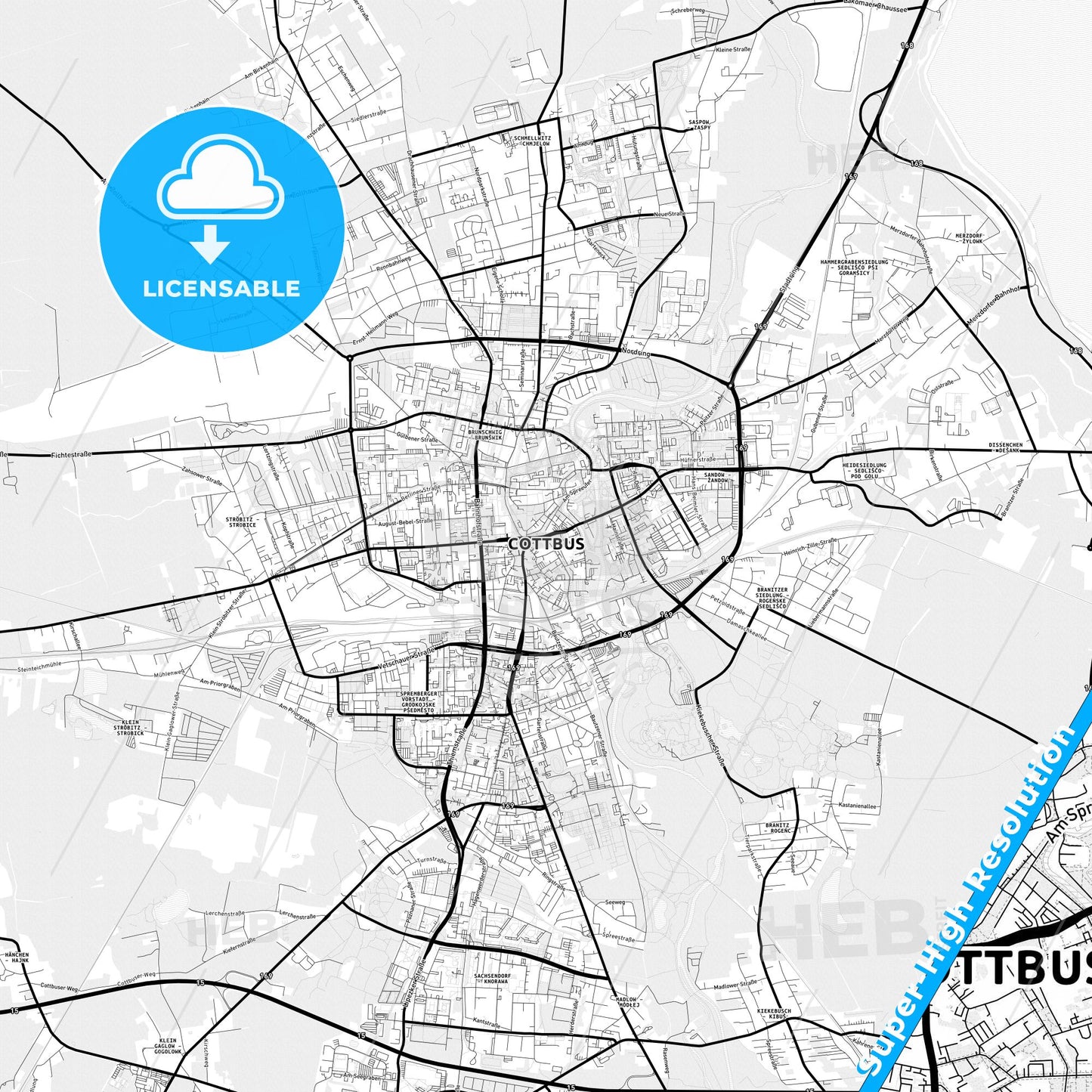 Cottbus, Germany Light Map with Street Names, City Names, and Districts