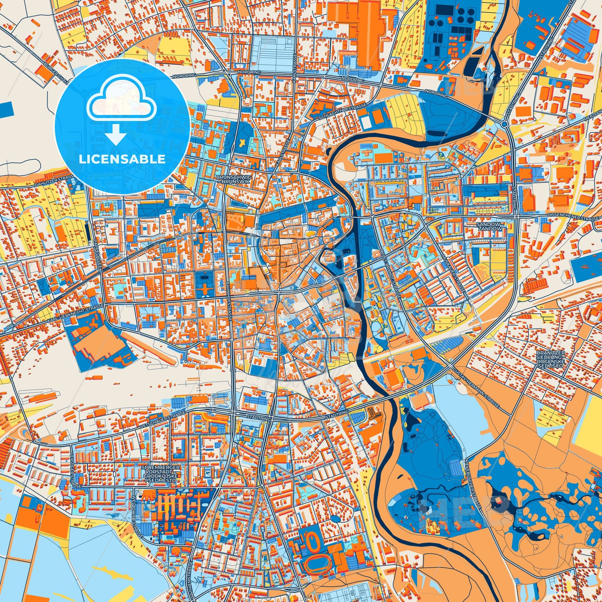 Colorful Cottbus Street Map with Labels and Buildings