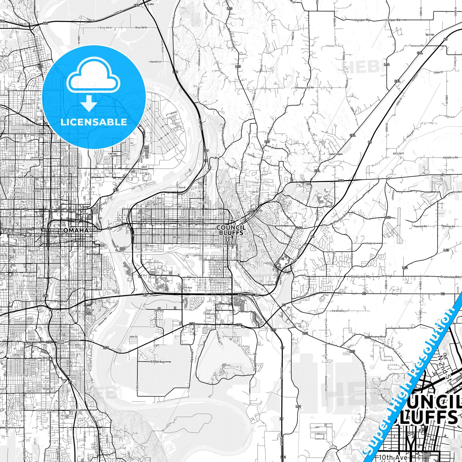 Council Bluffs, Iowa light map with streetnames, citynames and districts