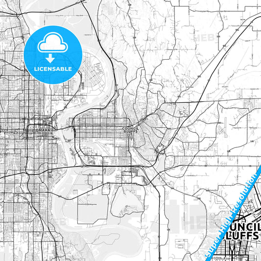 Council Bluffs, Iowa light map with streetnames, citynames and districts