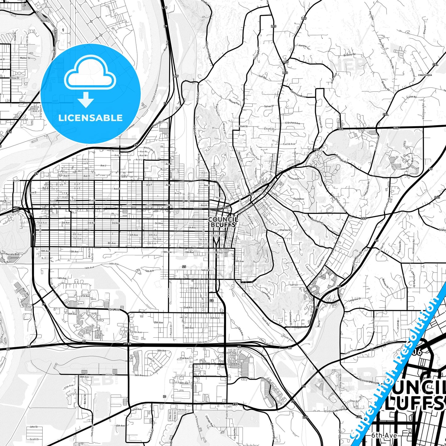 Council Bluffs, Iowa Light Map with Street Names, City Names, and Districts