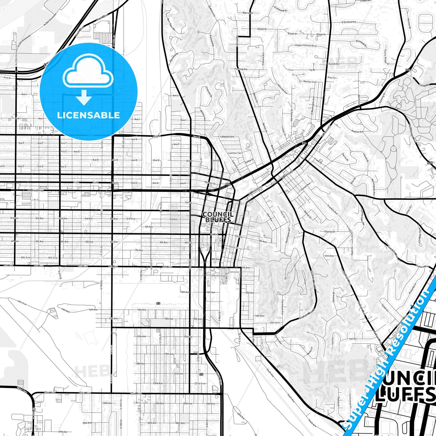 Council Bluffs, Iowa Light Map with Street Names, City Names, and Districts