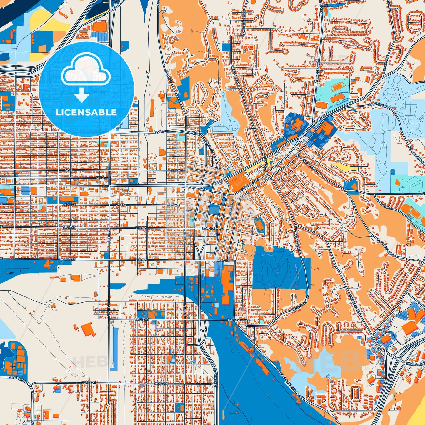 Colorful Council Bluffs Street Map with Labels and Buildings