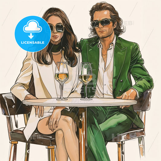A Man And Woman Sitting At A Table With Wine Glasses