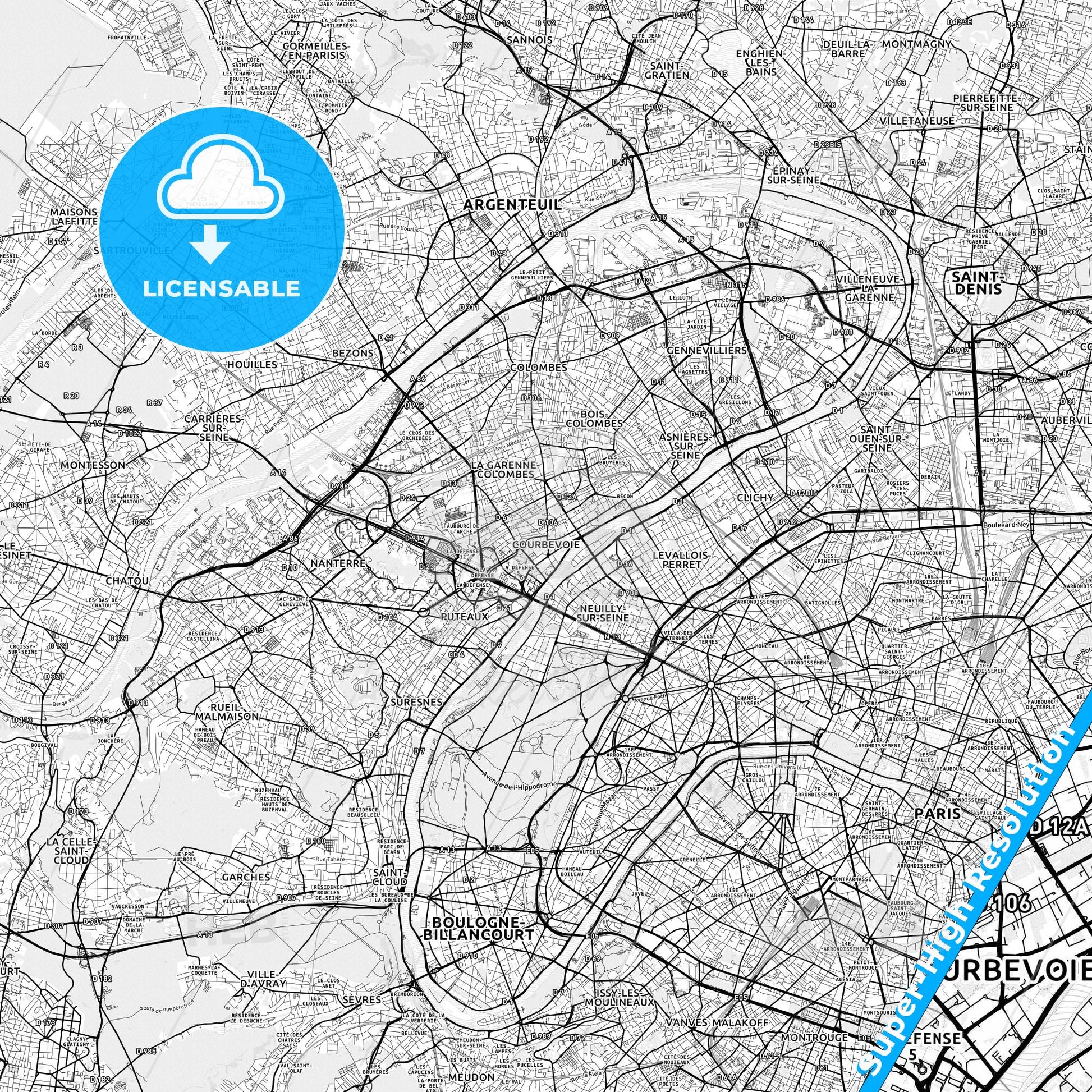 Courbevoie, France light map with streetnames, citynames and districts