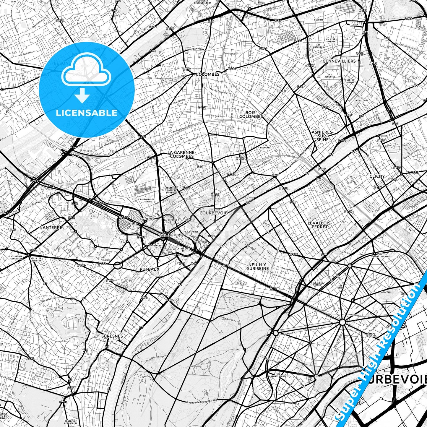 Courbevoie, France Light Map with Street Names, City Names, and Districts