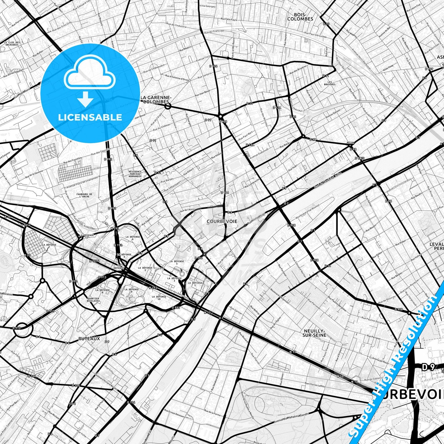 Courbevoie, France Light Map with Street Names, City Names, and Districts