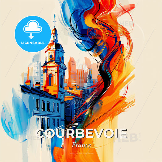 Vibrant Courbevoie, France - A Painting Of A Building With A Tower And A Colorful Wave - Square format print template