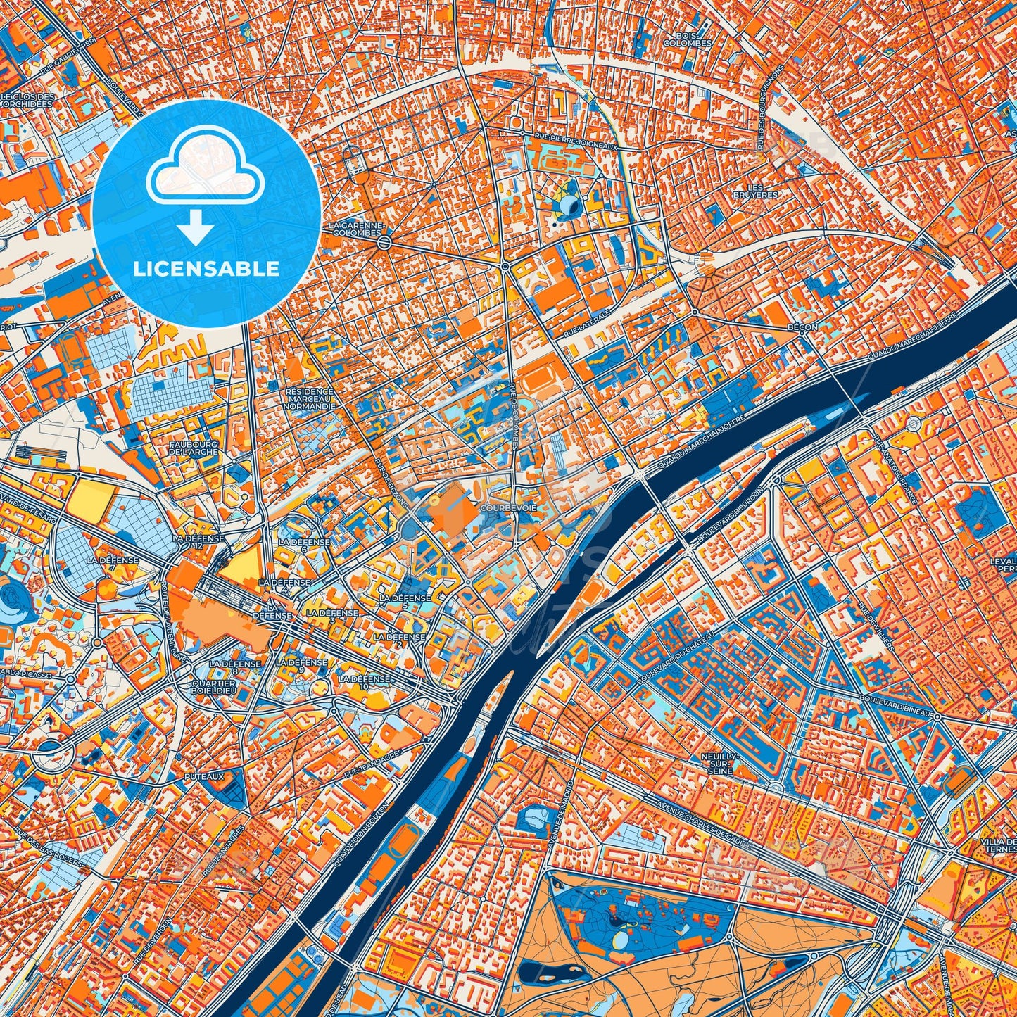 Colorful Courbevoie Street Map with Labels and Buildings