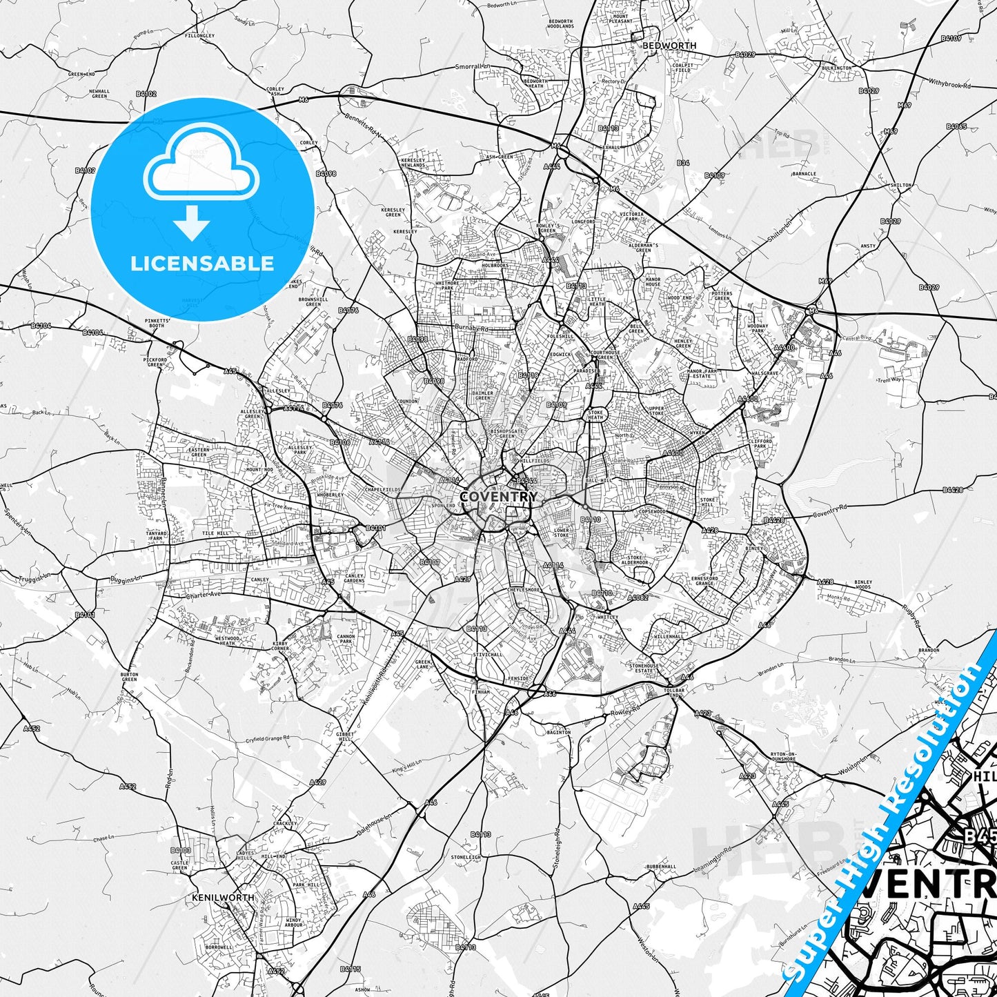 Coventry, England light map with streetnames, citynames and districts
