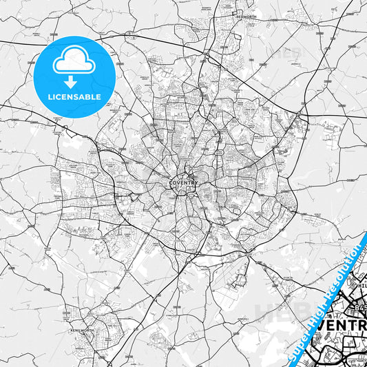 Coventry, England light map with streetnames, citynames and districts