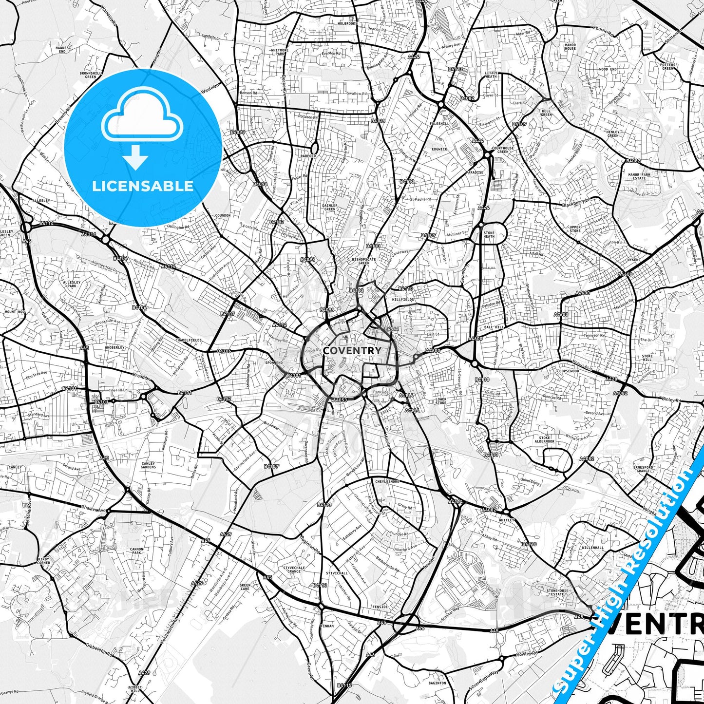 Coventry, England Light Map with Street Names, City Names, and Districts