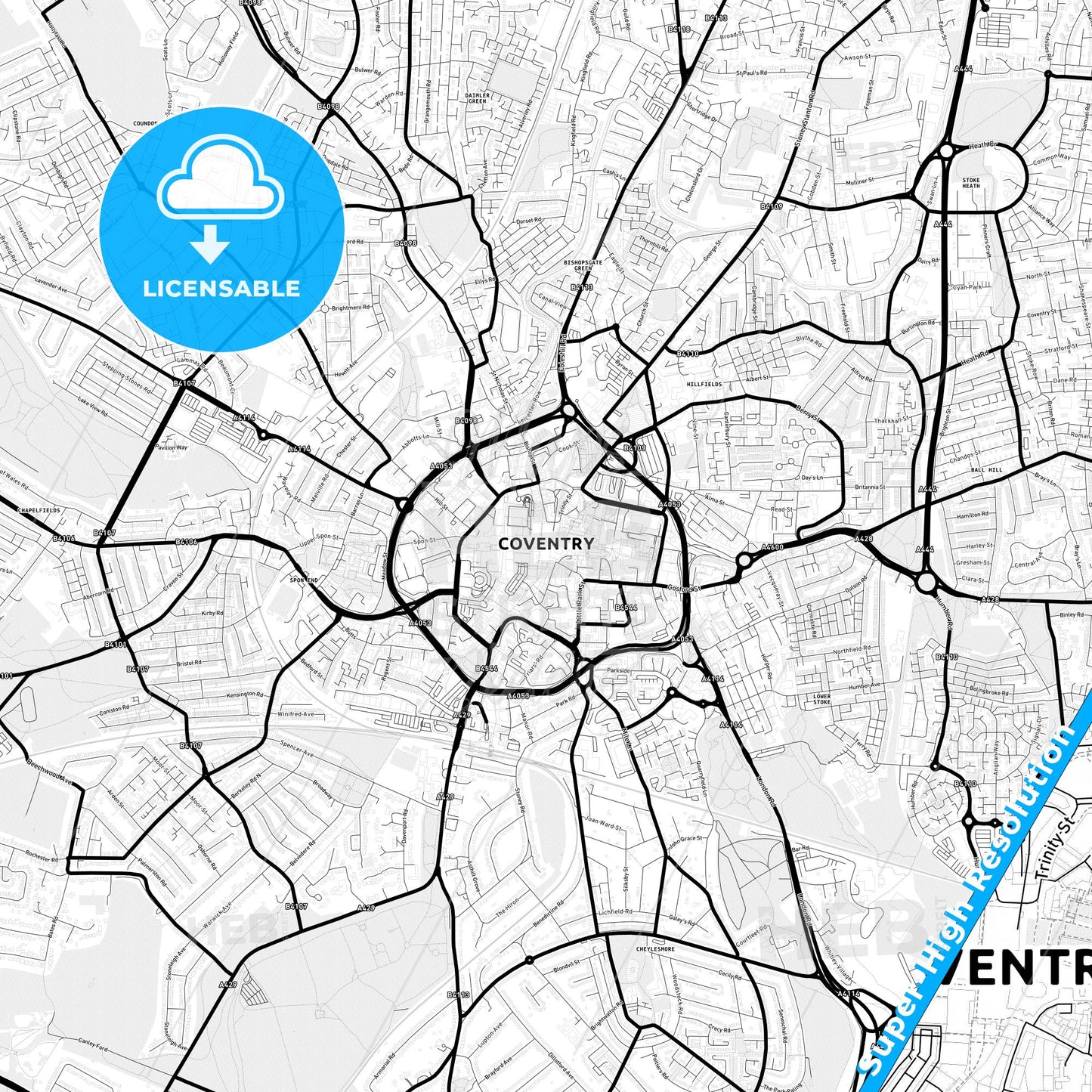 Coventry, England Light Map with Street Names, City Names, and Districts