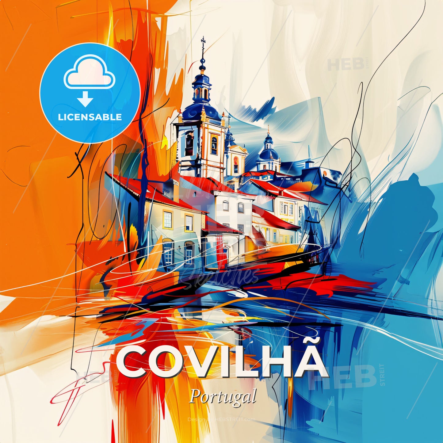 Vibrant Covilhã, Portugal - A Painting Of A Building With A Tower And A Tower - Square format print template