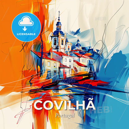 Vibrant Covilhã, Portugal - A Painting Of A Building With A Tower And A Tower - Square format print template