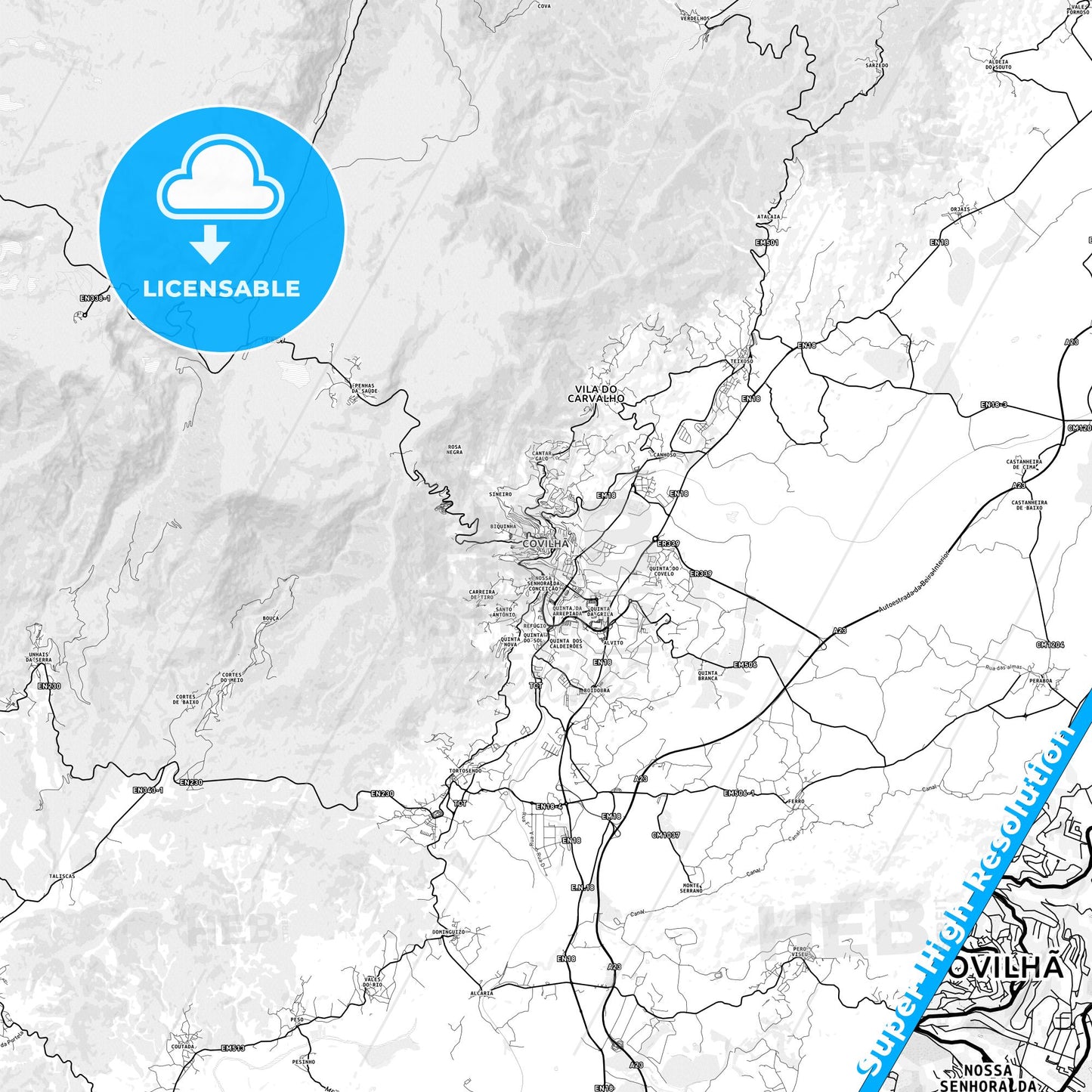 Covilhã, Portugal light map with streetnames, citynames and districts