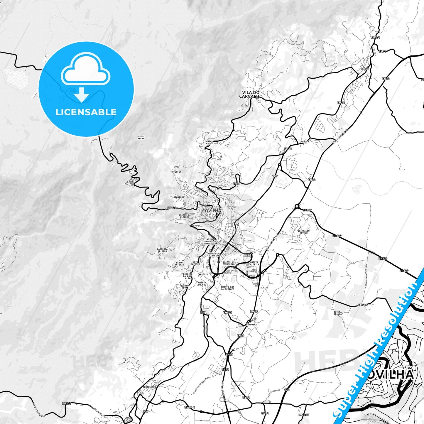 Covilhã, Portugal Light Map with Street Names, City Names, and Districts