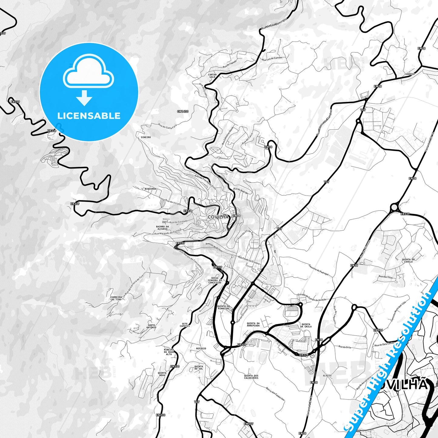 Covilhã, Portugal Light Map with Street Names, City Names, and Districts