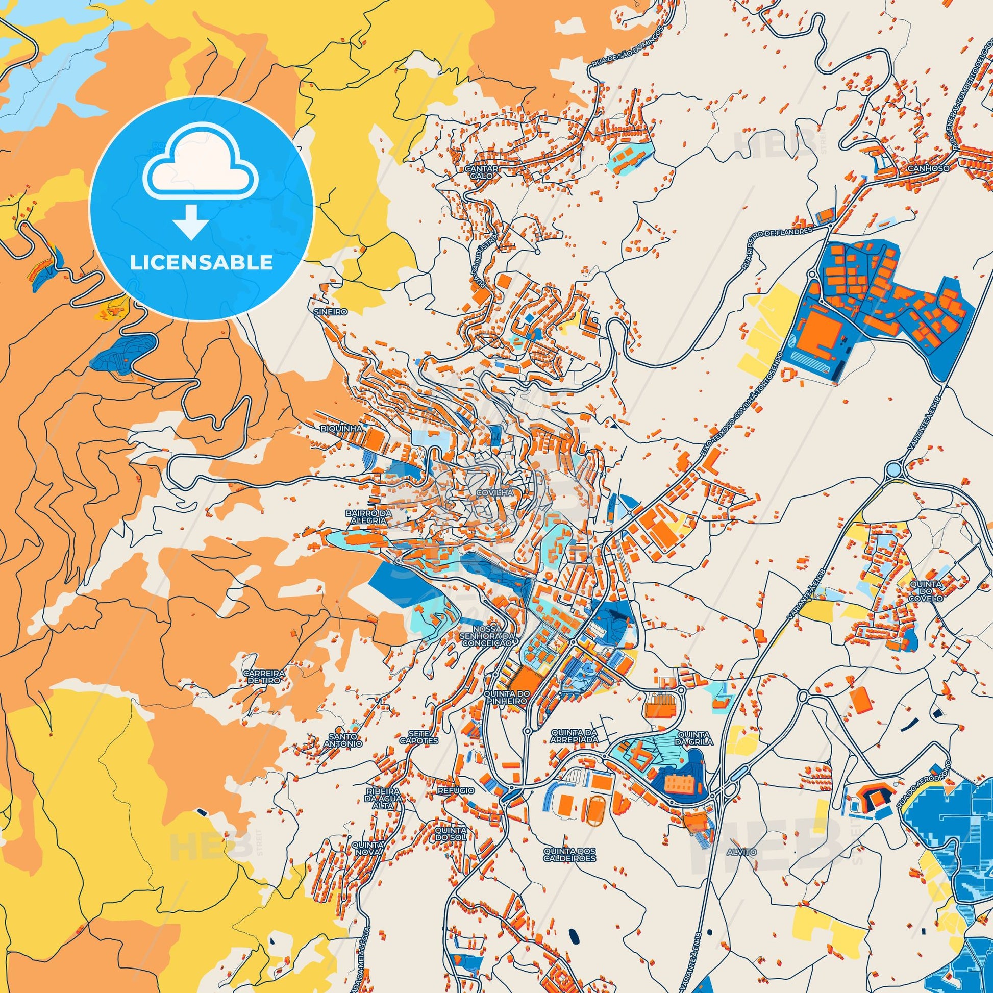 Colorful Covilhã Street Map with Labels and Buildings