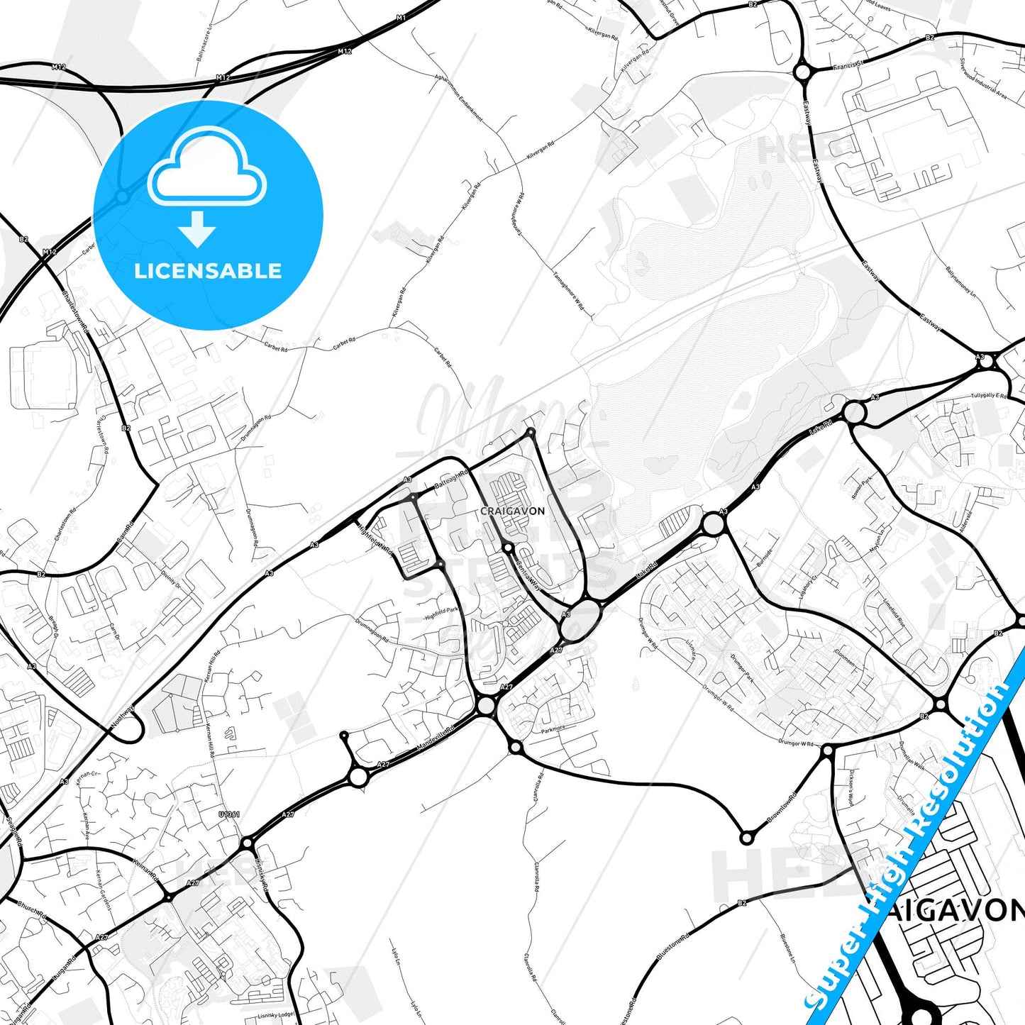 Craigavon, Northern Ireland Light Map with Street Names, City Names, and Districts