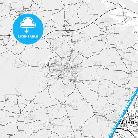 Crailsheim, Germany light map with streetnames, citynames and districts