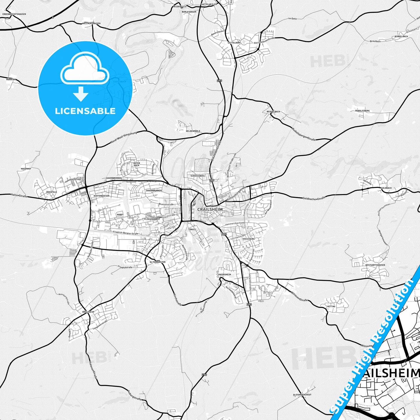 Crailsheim, Germany Light Map with Street Names, City Names, and Districts