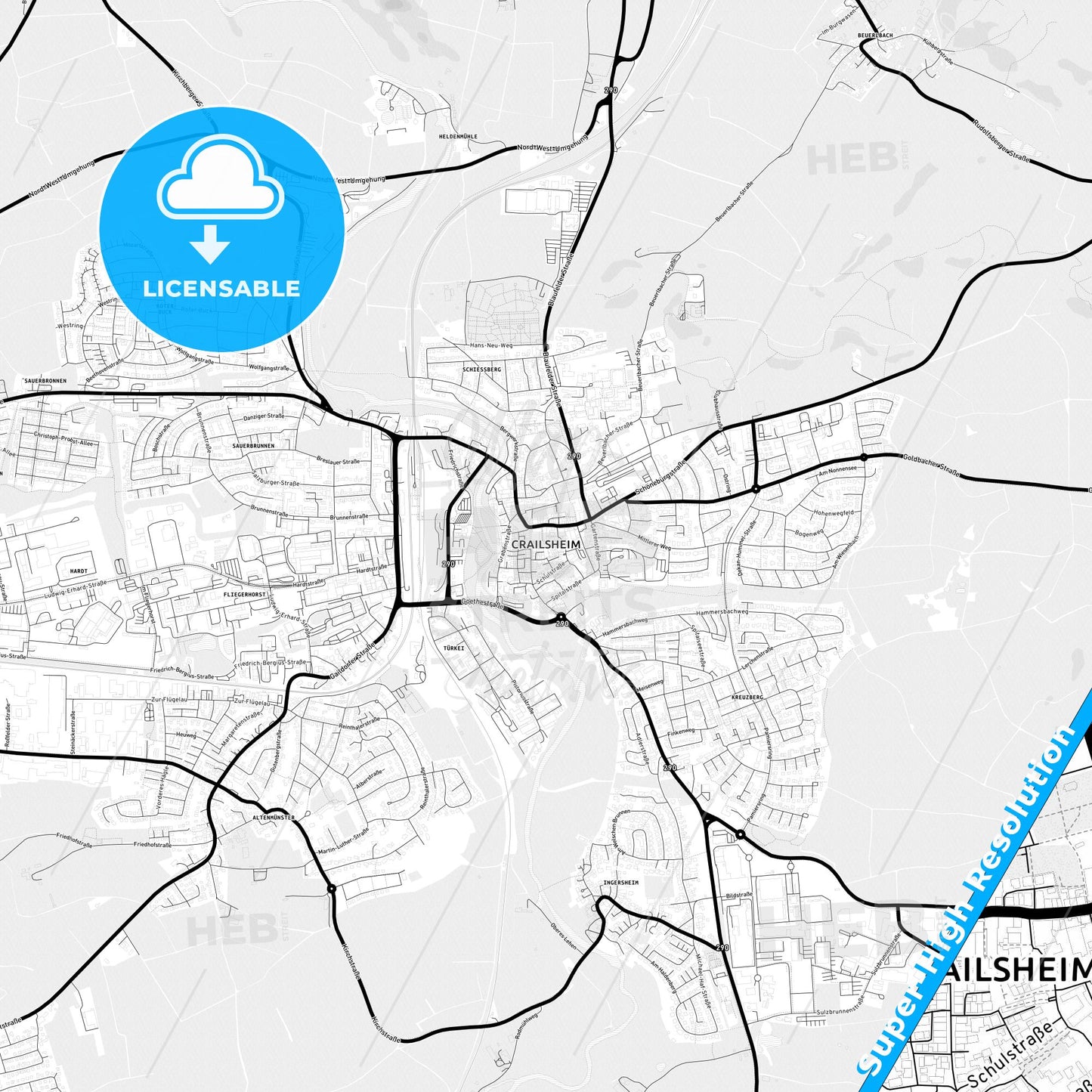 Crailsheim, Germany Light Map with Street Names, City Names, and Districts