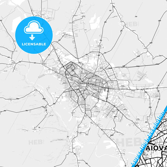 Craiova, Romania light map with streetnames, citynames and districts